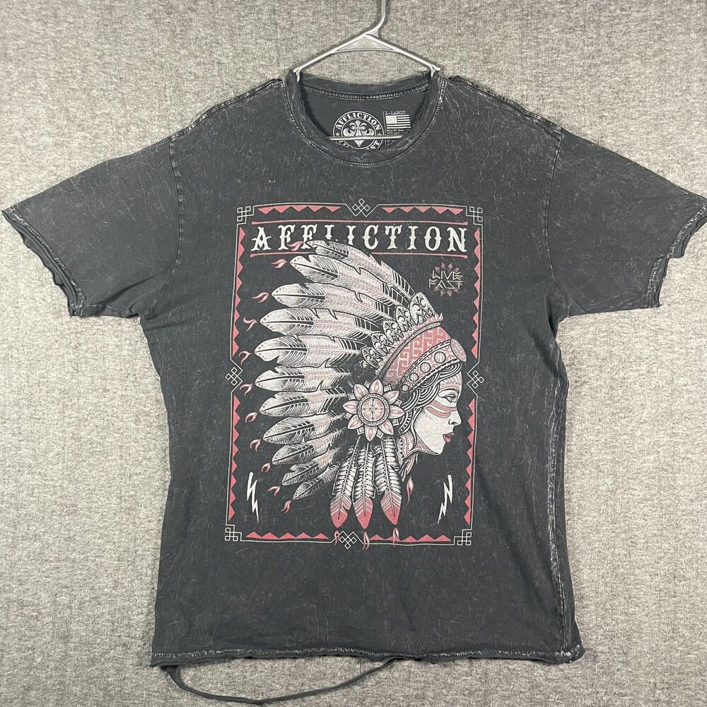 Affliction Shirt Mens XL Black Live Fast Feather Headdress Graphic T-Shirt Y2K